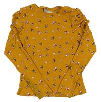 Medové květované žebrované triko s volánky Matalan