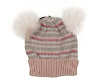Růžovo-stříbrná pruhovaná čepice s bambulemi 