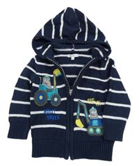 Tmavomodro-bílý pruhovaný propínací svetr s bagry a kapucí Bluezoo