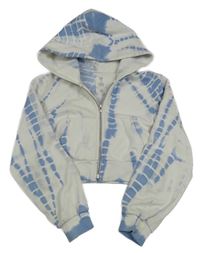 Bílo-světlemodrá batikovaná propínací crop mikina s kapucí GAP