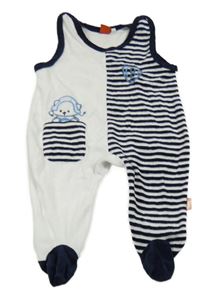 Bílo-tmavomodré sametové dupačky s pruhy a medvídkem 