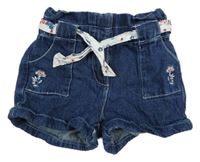 Tmavomodré riflové kraťasy s květy a páskem 