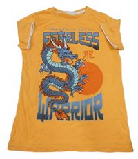 Oranžové tričko s drakem a nápisy 