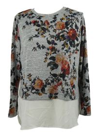 Dámský šedý květovaný lehký svetr s šifonovou vsadkou Oasis 