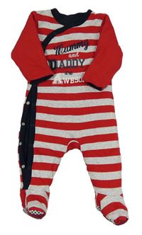 Červeno-světlešedý pruhovaný zateplený overal s nápisem Mothercare