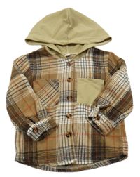 Hnědo-bílo-černo-červená kostkovaná flanelová košilová bunda s kapucí 