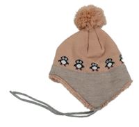 Růžová pletená čepice  s tučňáky a bambulí