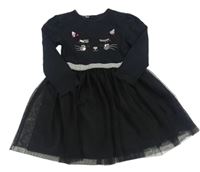 Černé bavlněné šaty s kočkou a tylovou sukní zn. Primark