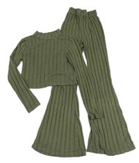 2set - Khaki úpletové žebrované crop triko + flare kalhoty Shein