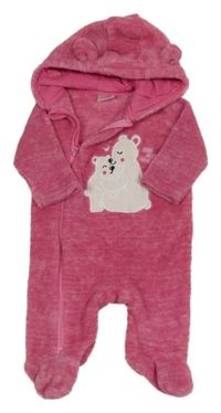 Růžová melírovaná chlupatá kombinéza s medvědy a kapucí 