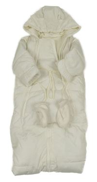 Bílý šusťákový zimní fusak s kapucí + rukavice 