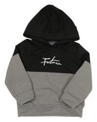 Černo-šedá mikina s nápisem a kapucí