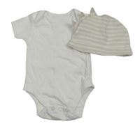 2set - Bílé body + šedo-bílá pruhovaná čepice 