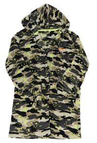 Černo-béžovo-šedý army chlupatý župan s kapucí 