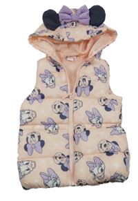 Broskvová šusťáková prošívaná zateplená vesta s Minnií a kapucí Disney