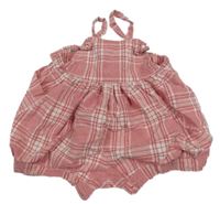 Růžovo-bílé kostkované plátěné laclové kraťasy