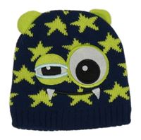 Tmavomodro-limetková hvězdičkovaná čepice s příšerkou 