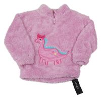 Nové - Růžová chlupatá mikina s dinosaurem a stojáčkem Dunnes