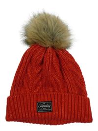 Červená pletená vlněná čepice s bambulí Superdry