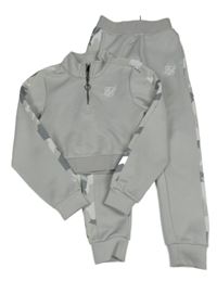 2Set - Světlešedo-army sportovní crop mikina s logy + tepláky SIK SILK