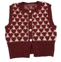 Tmavovínovo-bílo/světlerůžová chlupatá propínací svetrová crop vesta se srdíčky 