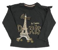 Tmavošedé triko s Eiffelovou věží a nápisy a volánky Matalan