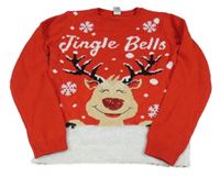 Červeno-bílý svetr se sobem a vločkami z flitrů C&A