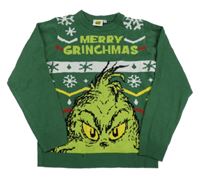 Tmavozelený pletený vánoční svetr s Grinchem 