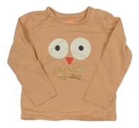 Světlekaramelové triko s očima a zobáčkem a zlatými nápisy HEMA