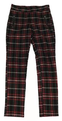 Černo-červeno-bílé kostkované tregínové kalhoty se zipy C&A