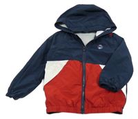 Tmavomodro-červeno-bílá šusťáková jarní bunda s dinosaurem a kapucí fagottino