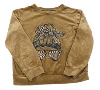 Hnědá plyšová crop mikina s dívkou 