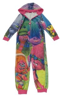 Barevno-tmavorůžová plyšová kombinéza s kapucí - Trolls 
