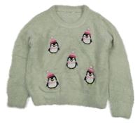 Světleolivovošedý chlupatý oversize svetr s tučňáčky PRIMARK