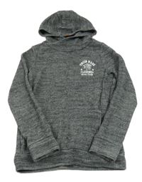 Šedo-černý melírovaný svetr s tygrem a nápisy a kapsou a kapucí name it.