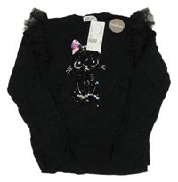 Nové - černý svetr s kočičkou z překlápěcích flitrů a tylovými volánky H&M