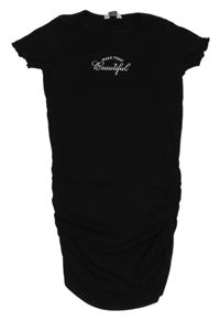 Černé žebrované elastické šaty s nápisy a nařasením PRIMARK