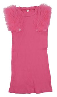 Tmavorůžové žebrované šaty s tylovými volánky 