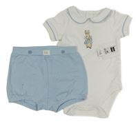 Nové - 2Set - Světlemodré kraťasy + bílé body s králíčkem - Peter Rabbit a límečkem St. Bernard