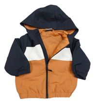 Tmavomodro-cihlovo-bílá šusťáková zateplená bunda s kapucí