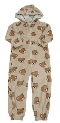 Béžová chlupatá kombinéza s medvědy a kapucí Next