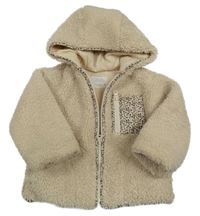 Béžová huňatá zateplená bunda s květovanou kapsou a kapucí Zara