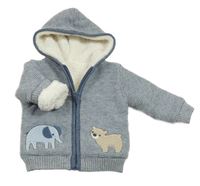 Modro-bílý pruhovaný zateplený propínací svetr se zvířaty a kapucí Nutmeg