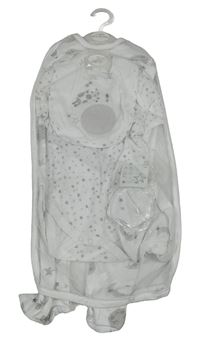 Nové - 5set - Bílý overal s hvězdami + bílé body + slinták s krávou + bavlněná čepice + rukavičky