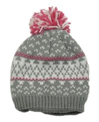 Šedo-bílá vzorovaná pletená čepice s bambulí 