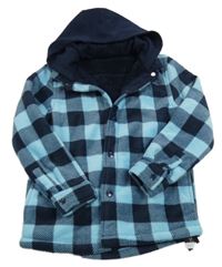 Nové - modro-tmavomodrá kostkovaná fleecová zateplená košilová bunda s kapucí dunnes