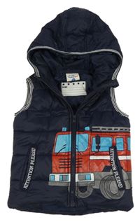 Tmavomodrá šusťáková zateplená vesta s hasiči a kapucí Topolino