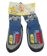 Nové - tmavomodré ponožky s obrázky a koženkovou podešví 