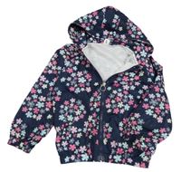 Tmavomodro-růžová květovaná šusťáková jarní bunda s kapucí 