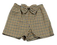 Hnědo-béžové kostičkované kraťasy s mašlí 